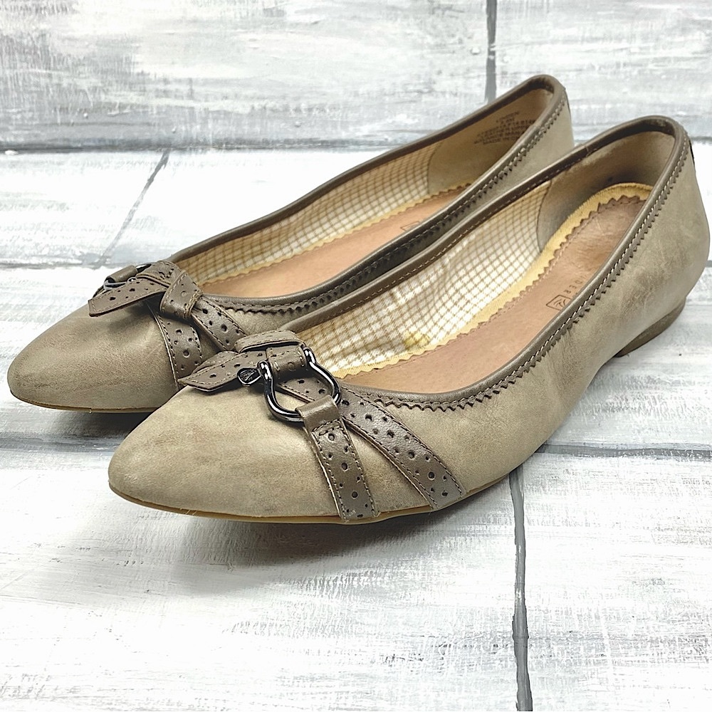 Sperry Top Sider Leather Pointed Toe Ballet Flats “Linden” Greige Taupe Slip On